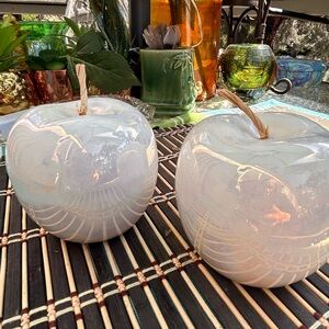 Beautiful, iridescent, white ceramic decor, apples
